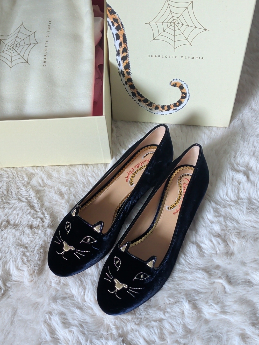 Charlotte Olympia Dark Blue Velvet Kitty Flats with Gold Embroidered Face